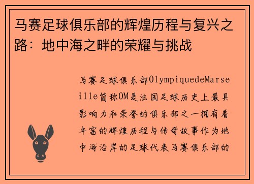 马赛足球俱乐部的辉煌历程与复兴之路：地中海之畔的荣耀与挑战