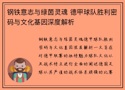 钢铁意志与绿茵灵魂 德甲球队胜利密码与文化基因深度解析