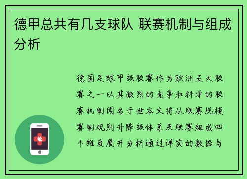 德甲总共有几支球队 联赛机制与组成分析
